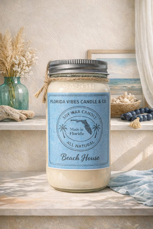 Beach House 8 oz Mason Jar Candle candle lifestyle image