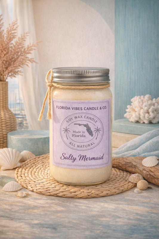 Salty Mermaid 8oz Mason Jar Candle candle lifestyle image